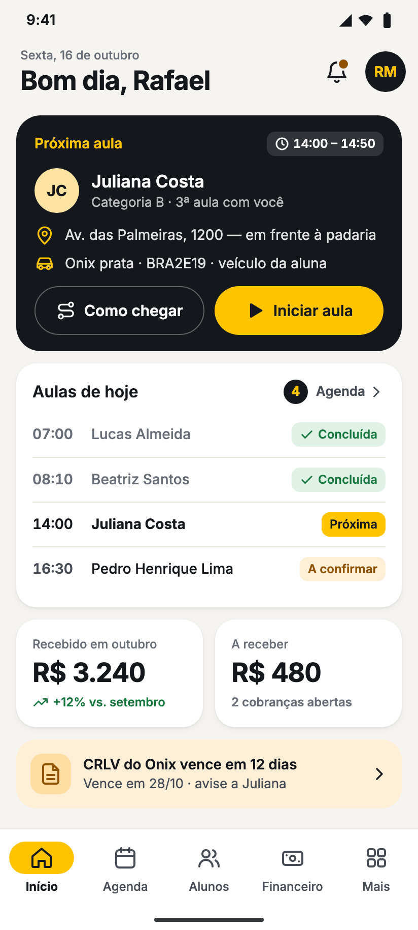 Tela inicial do app com o painel do dia: próximas aulas e resumo