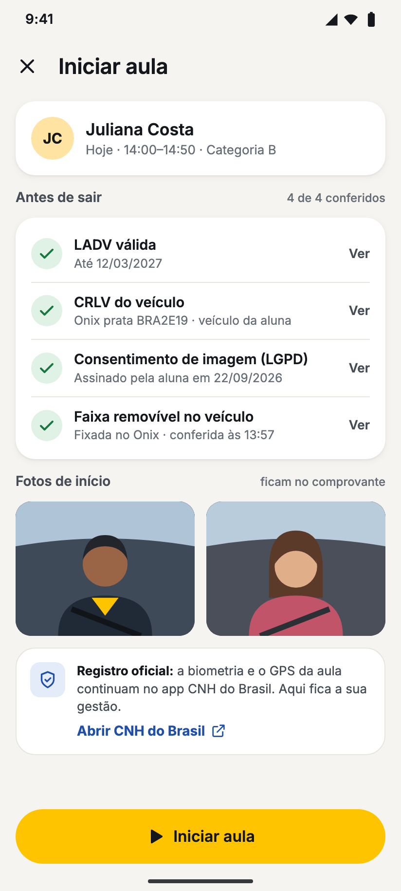Tela para iniciar a aula com checklist do veículo e do aluno