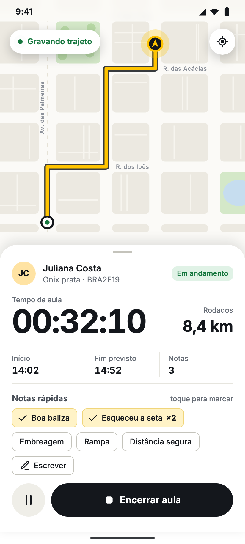 Tela de aula em andamento: mapa do trajeto e cronômetro