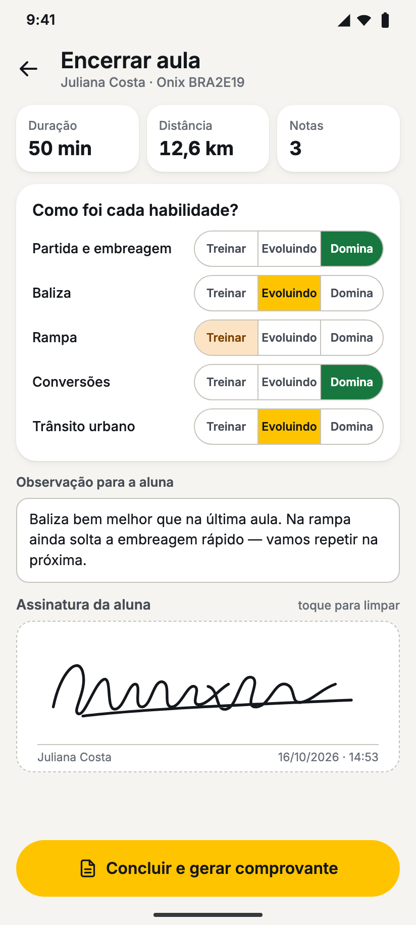 Encerramento da aula com avaliação do aluno e campo de assinatura