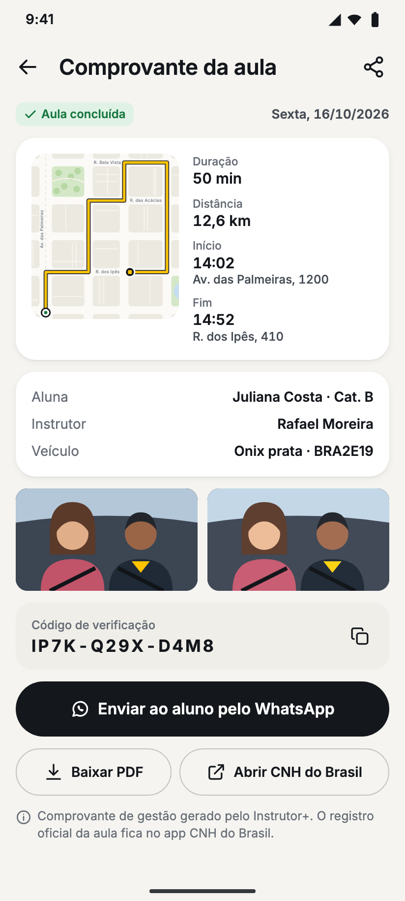 Comprovante da aula com mapa, quilometragem, fotos e assinatura